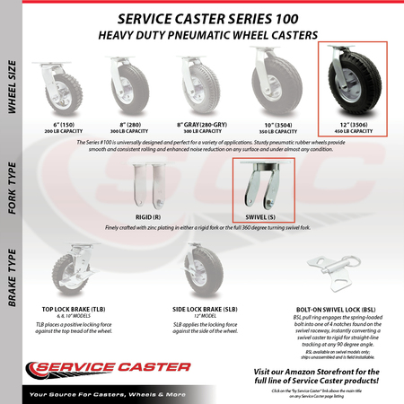 Service Caster 12 Inch Black Pneumatic Wheel Swivel Caster Set SCC-100S3506-PNB-4